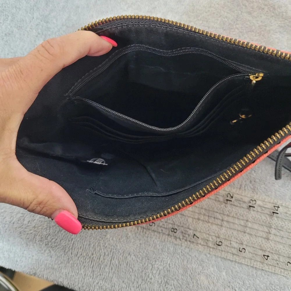 Fossil Coral Pink Black Polka Dot Perforated Leather Crossbody Bag Clutch‎